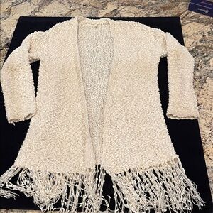 POL Cream Textured Cardigan with Fringe